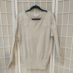 Elle Cream Crew Neck Sweater with Embroidered Shoulder Details